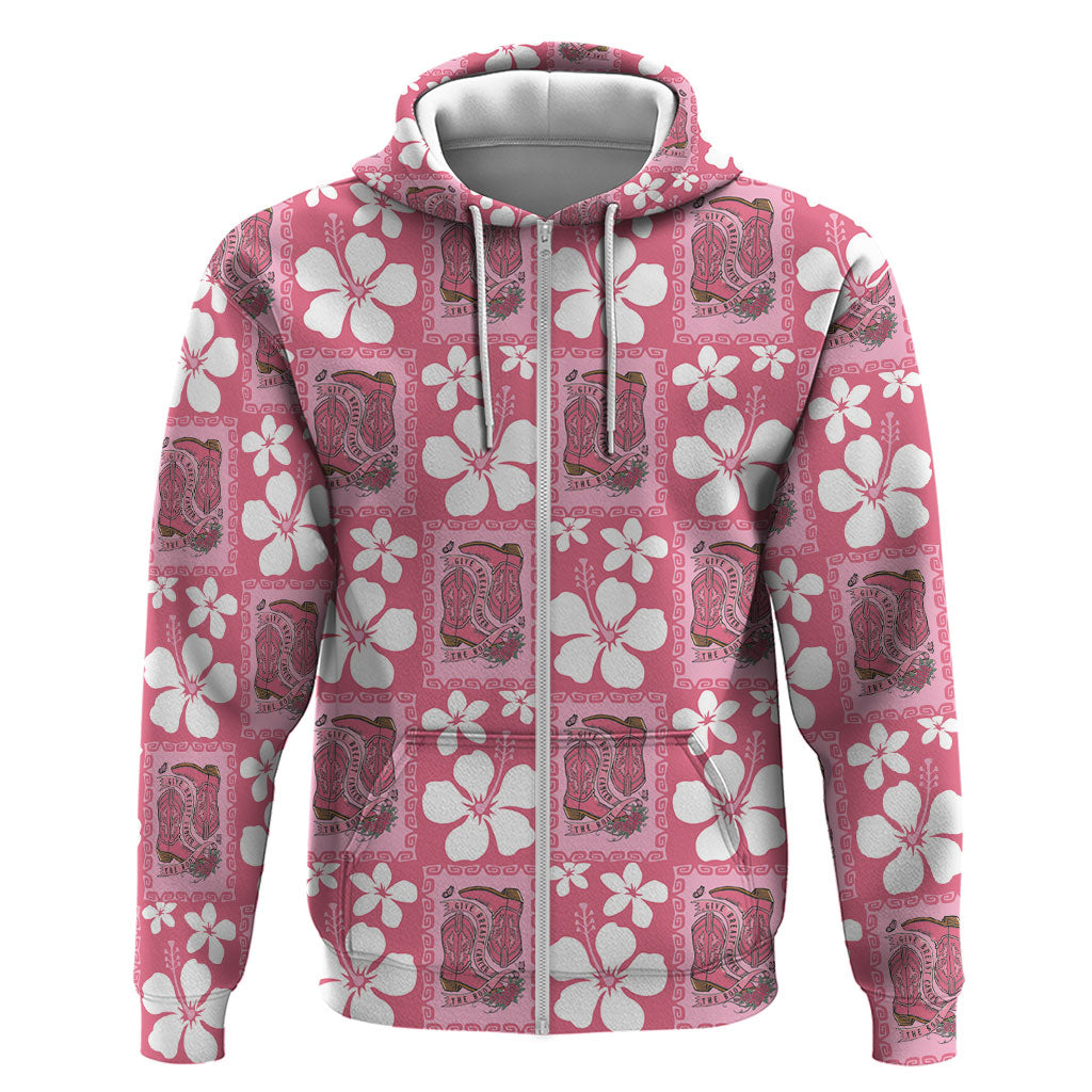 Give Cancer The Boot Pink Cowgirl Zip Hoodie Western Aloha Hibiscus Paniolo Heritage Floral