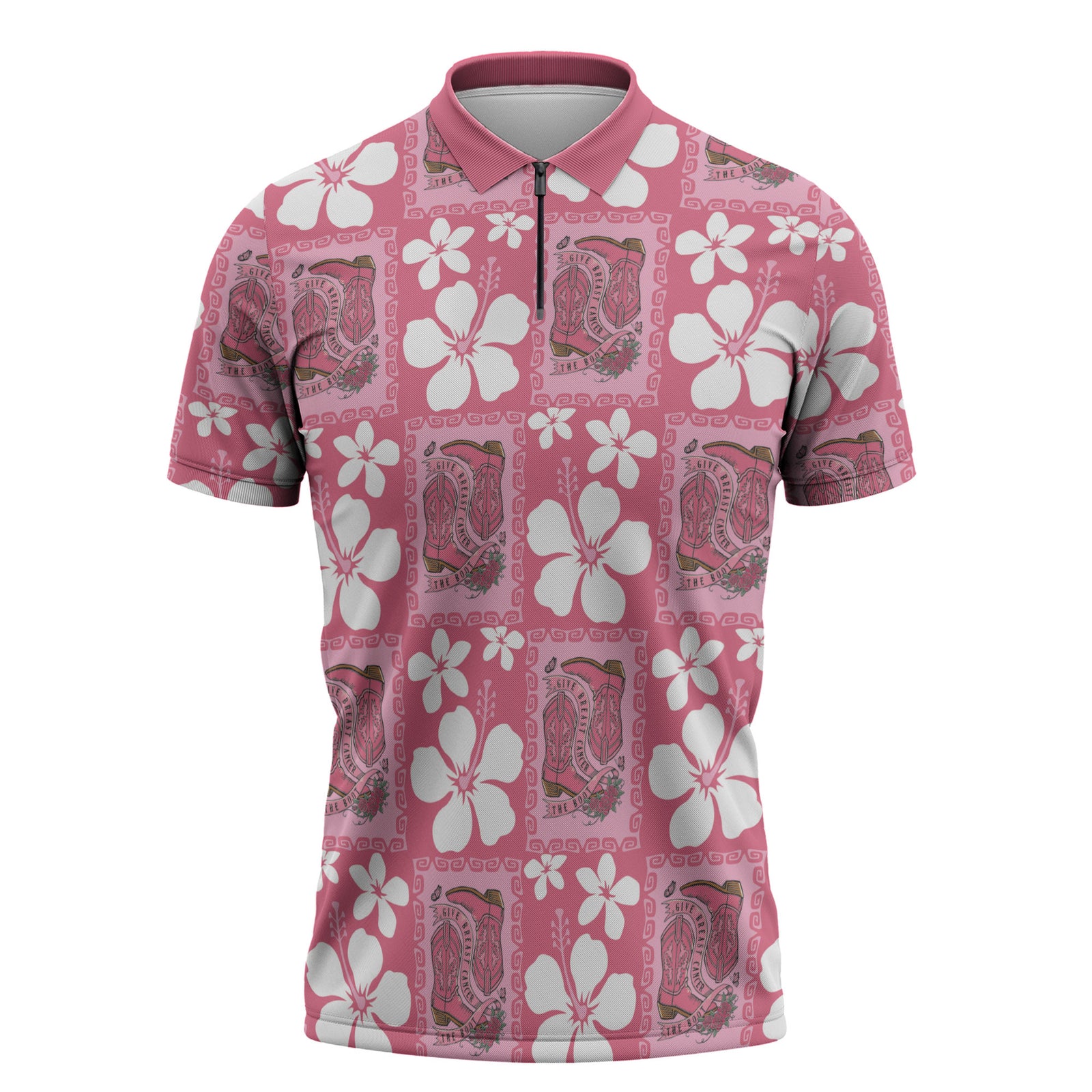 Give Cancer The Boot Pink Cowgirl Zipper Polo Shirt Western Aloha Hibiscus Paniolo Heritage Floral LT9 Pink - Polynesian Pride