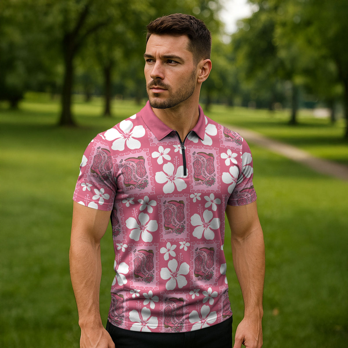 Give Cancer The Boot Pink Cowgirl Zipper Polo Shirt Western Aloha Hibiscus Paniolo Heritage Floral LT9 - Polynesian Pride