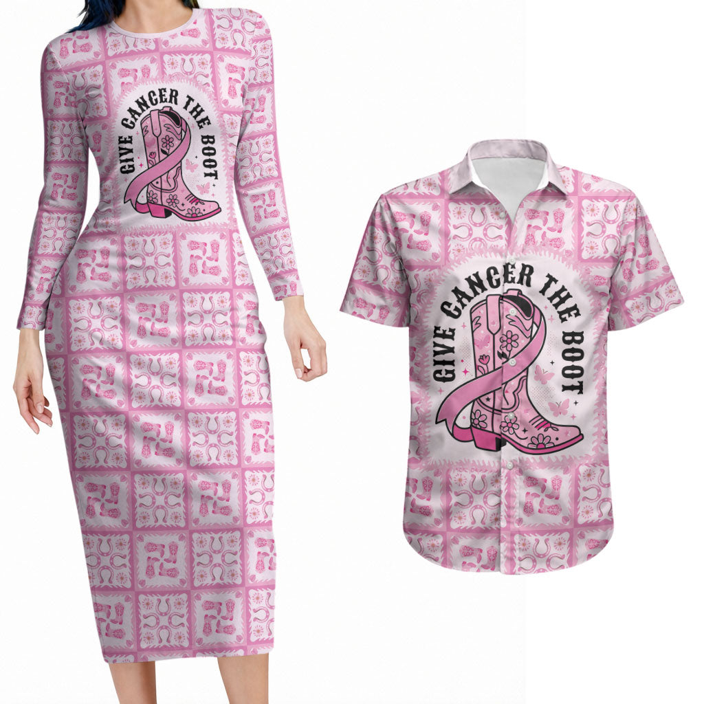 Give Cancer The Boot Pink Cowgirl Couples Matching Long Sleeve Bodycon Dress and Hawaiian Shirt Hawaiian Paniolo Mixed Quilt Pattern Style