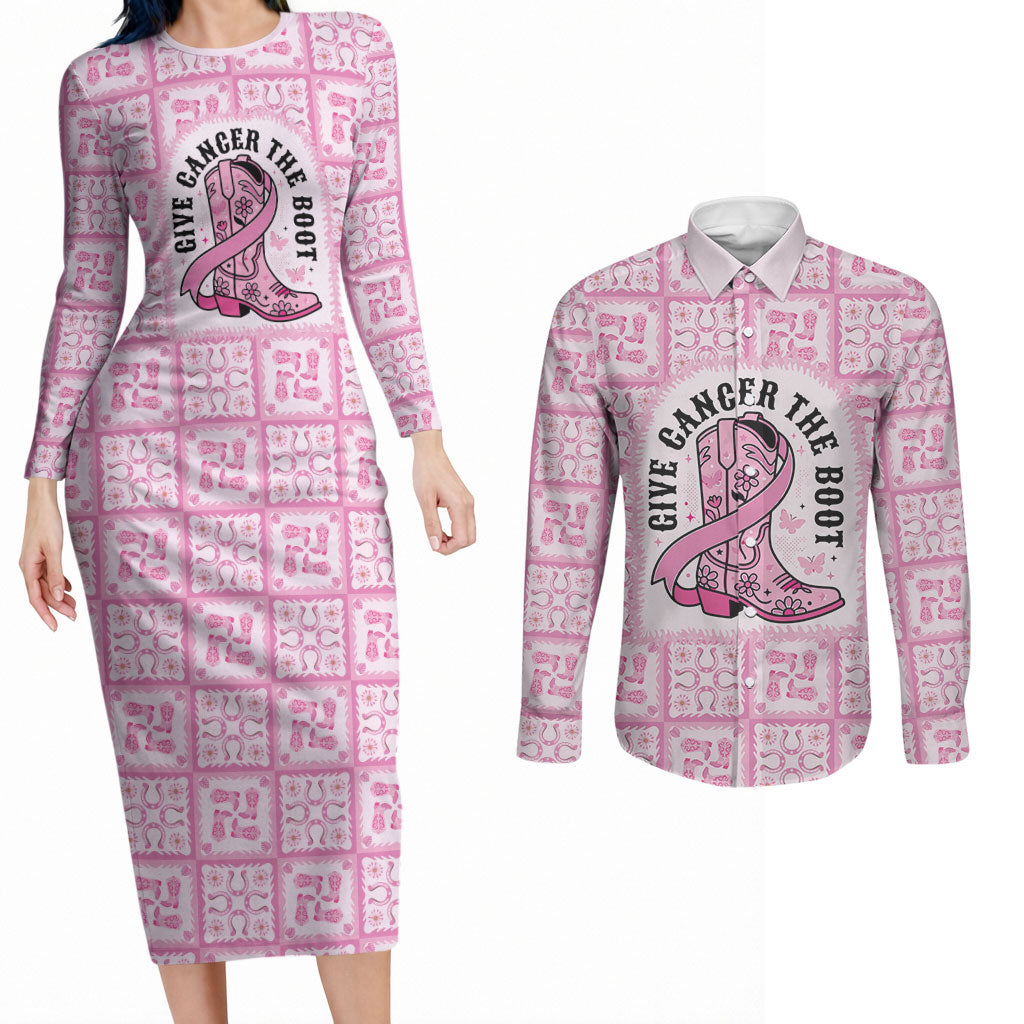 Give Cancer The Boot Pink Cowgirl Couples Matching Long Sleeve Bodycon Dress and Long Sleeve Button Shirt Hawaiian Paniolo Mixed Quilt Pattern Style LT9 Pink - Polynesian Pride