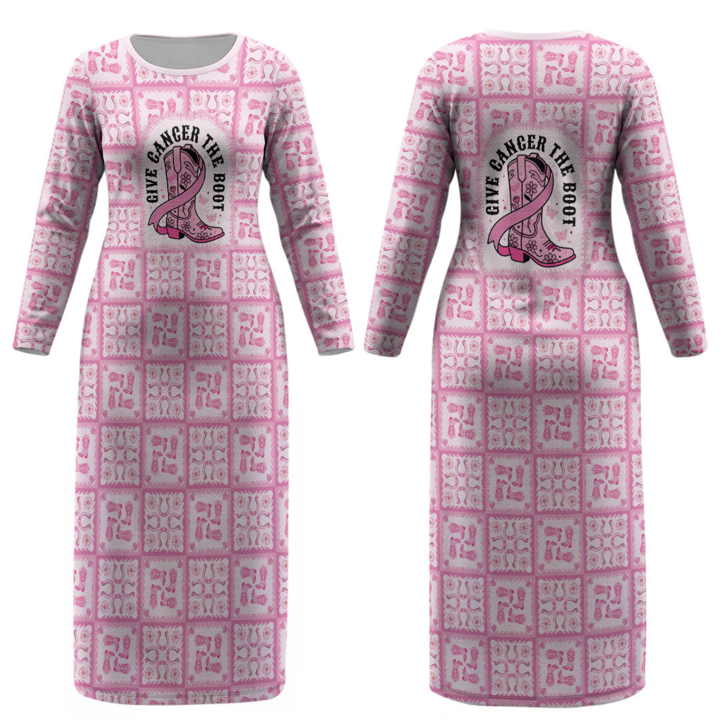 Give Cancer The Boot Pink Cowgirl Couples Matching Long Sleeve Bodycon Dress and Long Sleeve Button Shirt Hawaiian Paniolo Mixed Quilt Pattern Style LT9 - Polynesian Pride