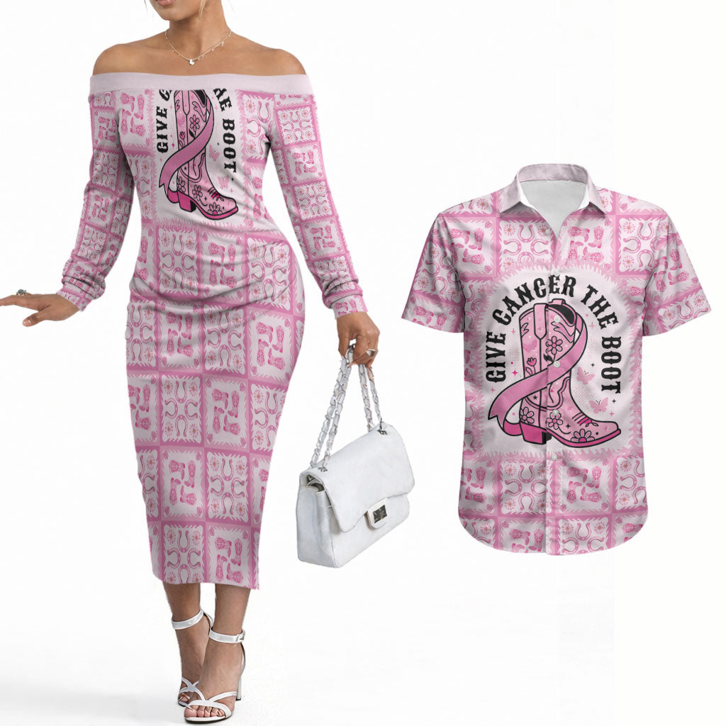 Give Cancer The Boot Pink Cowgirl Couples Matching Off The Shoulder Long Sleeve Dress and Hawaiian Shirt Hawaiian Paniolo Mixed Quilt Pattern Style LT9 Pink - Polynesian Pride