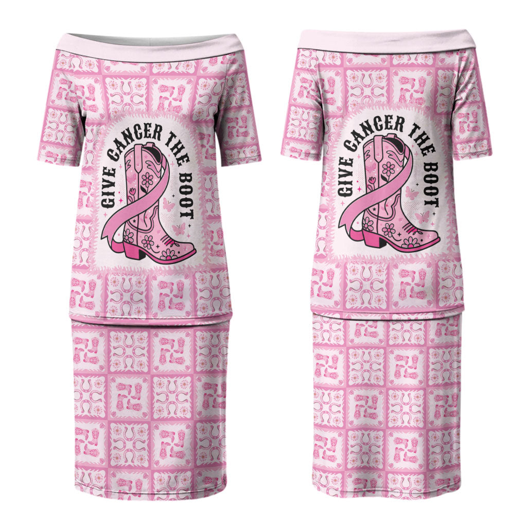 Give Cancer The Boot Pink Cowgirl Couples Matching Puletasi and Long Sleeve Button Shirt Hawaiian Paniolo Mixed Quilt Pattern Style LT9 - Polynesian Pride