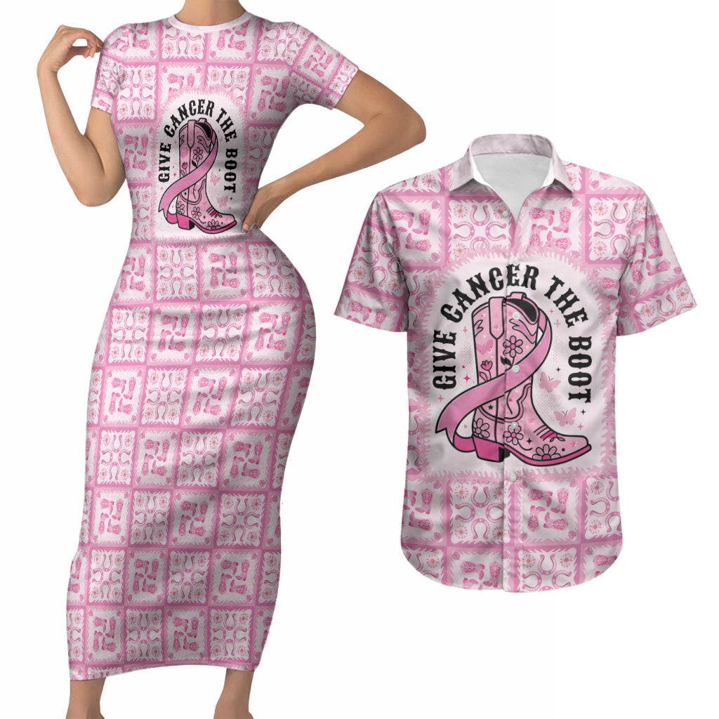 Give Cancer The Boot Pink Cowgirl Couples Matching Short Sleeve Bodycon Dress and Hawaiian Shirt Hawaiian Paniolo Mixed Quilt Pattern Style LT9 Pink - Polynesian Pride