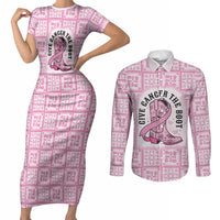Give Cancer The Boot Pink Cowgirl Couples Matching Short Sleeve Bodycon Dress and Long Sleeve Button Shirt Hawaiian Paniolo Mixed Quilt Pattern Style LT9 Pink - Polynesian Pride