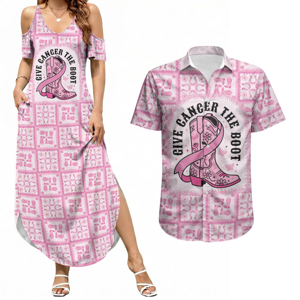Give Cancer The Boot Pink Cowgirl Couples Matching Summer Maxi Dress and Hawaiian Shirt Hawaiian Paniolo Mixed Quilt Pattern Style LT9 Pink - Polynesian Pride