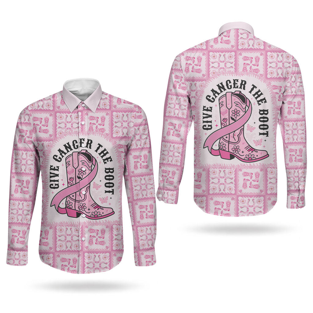 Give Cancer The Boot Pink Cowgirl Couples Matching Summer Maxi Dress and Long Sleeve Button Shirt Hawaiian Paniolo Mixed Quilt Pattern Style LT9 - Polynesian Pride