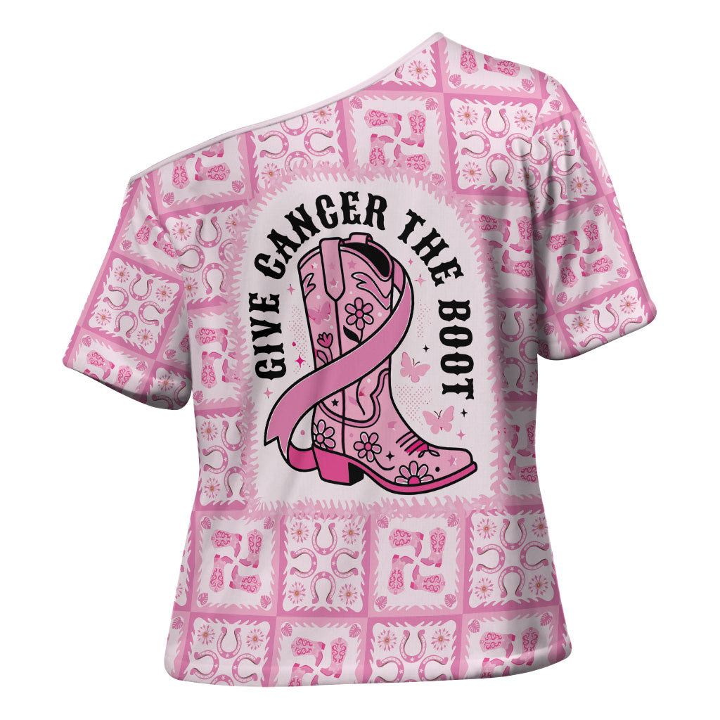 Give Cancer The Boot Pink Cowgirl Cross Shoulder Shirt Hawaiian Paniolo Mixed Quilt Pattern Style LT9 - Polynesian Pride