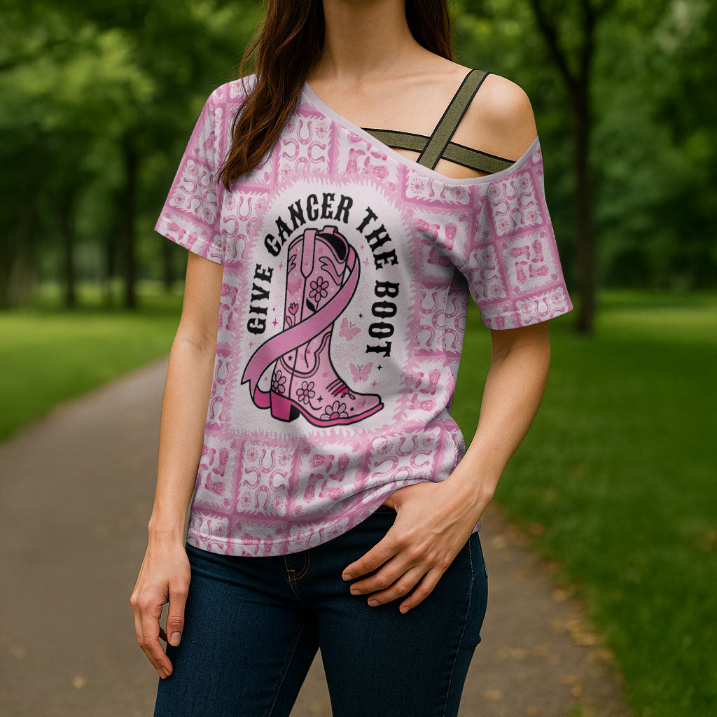 Give Cancer The Boot Pink Cowgirl Cross Shoulder Shirt Hawaiian Paniolo Mixed Quilt Pattern Style LT9 - Polynesian Pride