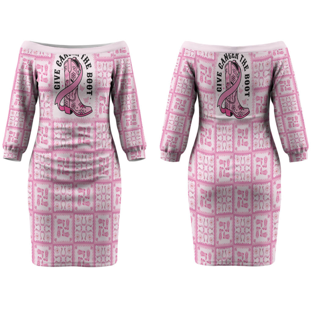 Give Cancer The Boot Pink Cowgirl Family Matching Off The Shoulder Long Sleeve Dress and Hawaiian Shirt Hawaiian Paniolo Mixed Quilt Pattern Style LT9 Mom's Dress Pink - Polynesian Pride