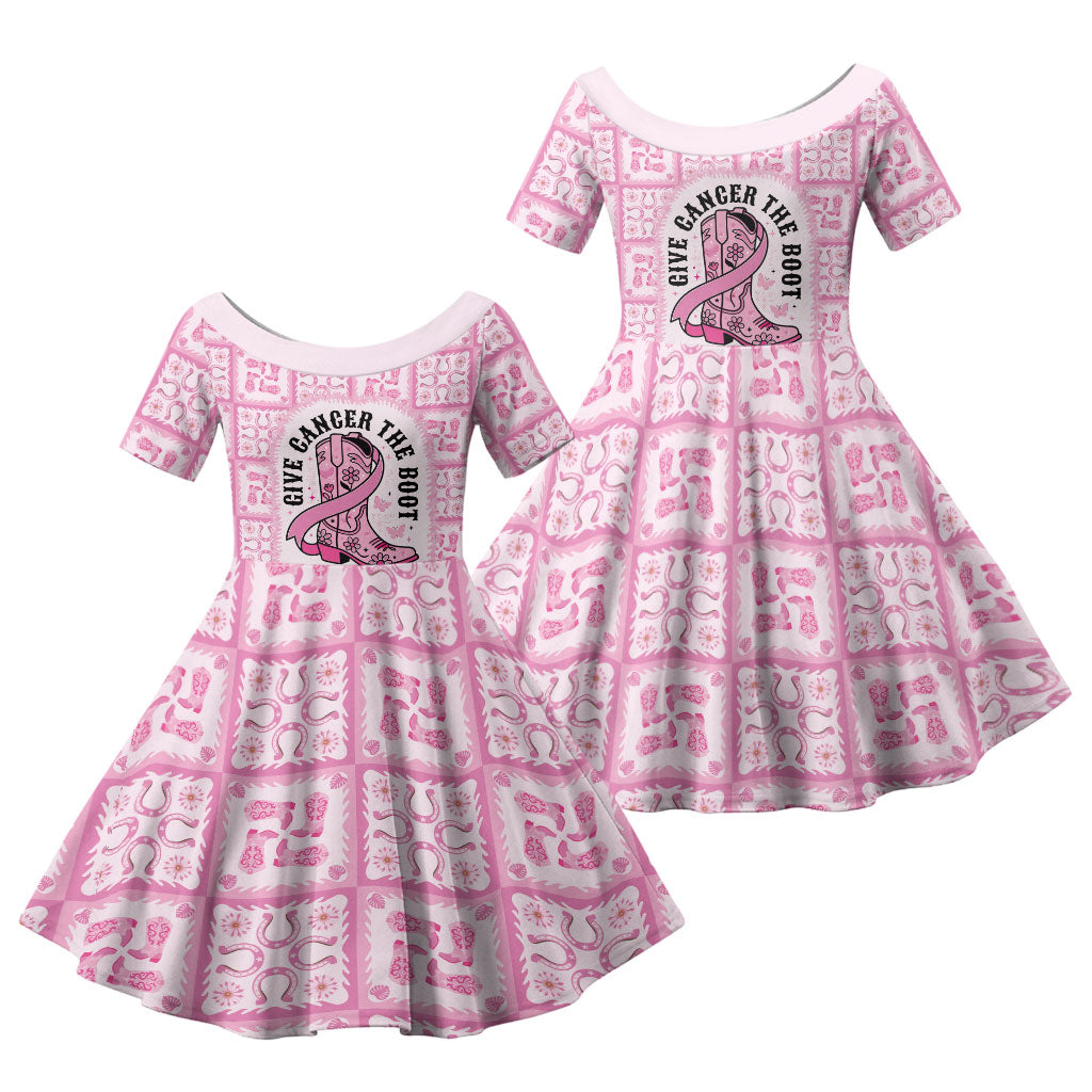 Give Cancer The Boot Pink Cowgirl Family Matching Off The Shoulder Long Sleeve Dress and Hawaiian Shirt Hawaiian Paniolo Mixed Quilt Pattern Style LT9 Daughter's Dress Pink - Polynesian Pride