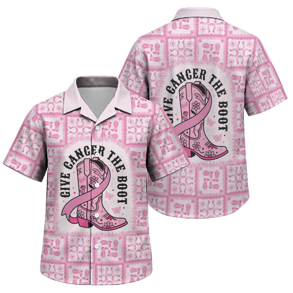 Give Cancer The Boot Pink Cowgirl Family Matching Off The Shoulder Long Sleeve Dress and Hawaiian Shirt Hawaiian Paniolo Mixed Quilt Pattern Style LT9 Son's Shirt Pink - Polynesian Pride