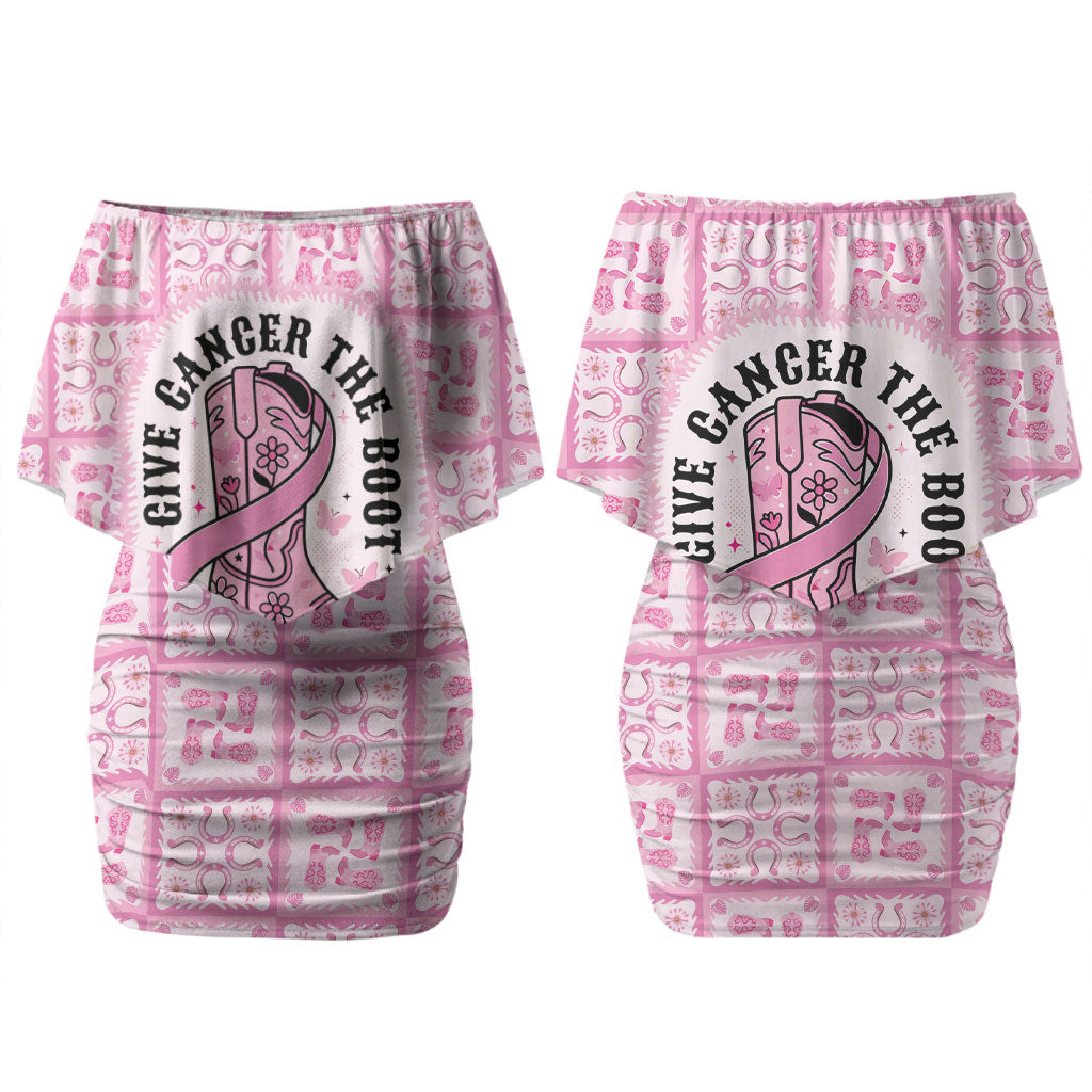 Give Cancer The Boot Pink Cowgirl Family Matching Off Shoulder Short Dress and Hawaiian Shirt Hawaiian Paniolo Mixed Quilt Pattern Style LT9 Mom's Dress Pink - Polynesian Pride