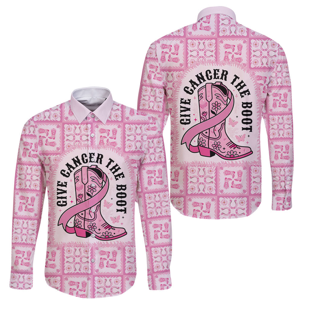 Give Cancer The Boot Pink Cowgirl Family Matching Off Shoulder Short Dress and Hawaiian Shirt Hawaiian Paniolo Mixed Quilt Pattern Style LT9 Dad's Shirt - Long Sleeve Pink - Polynesian Pride