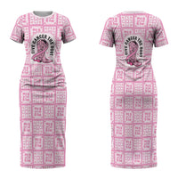 Give Cancer The Boot Pink Cowgirl Family Matching Short Sleeve Bodycon Dress and Hawaiian Shirt Hawaiian Paniolo Mixed Quilt Pattern Style LT9 Mom's Dress Pink - Polynesian Pride
