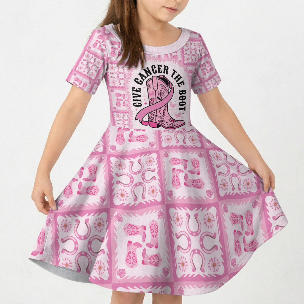 Give Cancer The Boot Pink Cowgirl Kid Short Sleeve Dress Hawaiian Paniolo Mixed Quilt Pattern Style LT9 KID Pink - Polynesian Pride