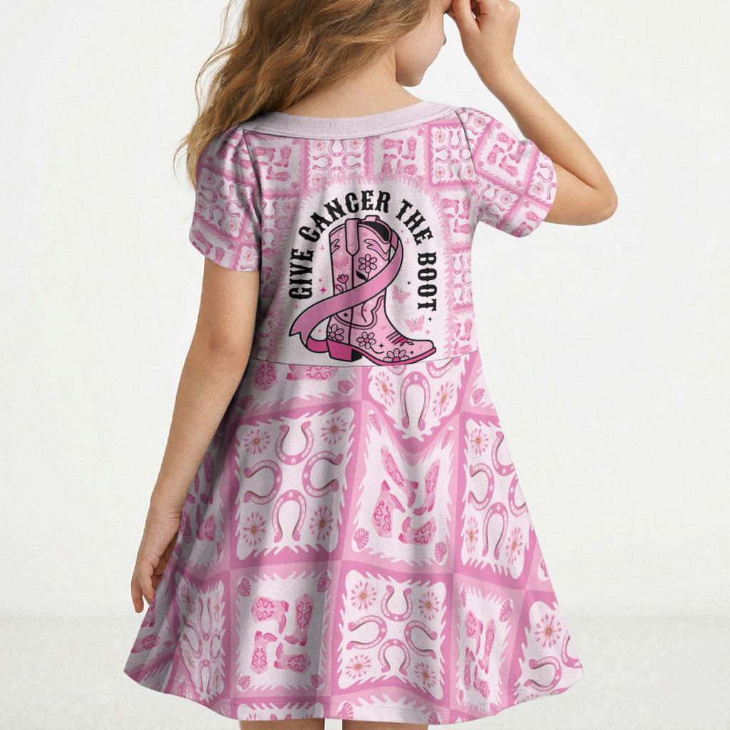 Give Cancer The Boot Pink Cowgirl Kid Short Sleeve Dress Hawaiian Paniolo Mixed Quilt Pattern Style LT9 - Polynesian Pride