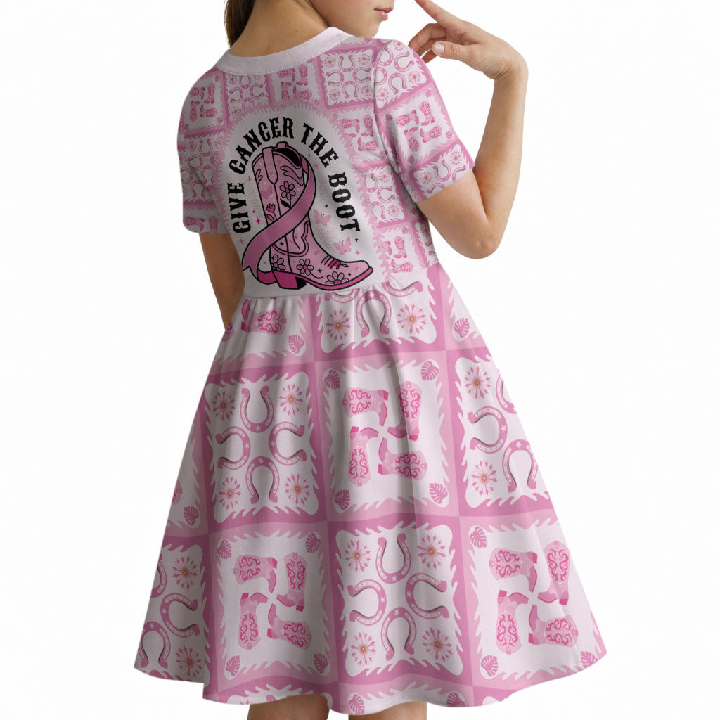 Give Cancer The Boot Pink Cowgirl Kid Short Sleeve Dress Hawaiian Paniolo Mixed Quilt Pattern Style LT9 - Polynesian Pride
