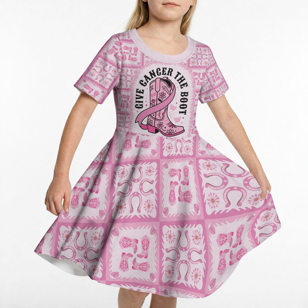 Give Cancer The Boot Pink Cowgirl Kid Short Sleeve Dress Hawaiian Paniolo Mixed Quilt Pattern Style LT9 - Polynesian Pride