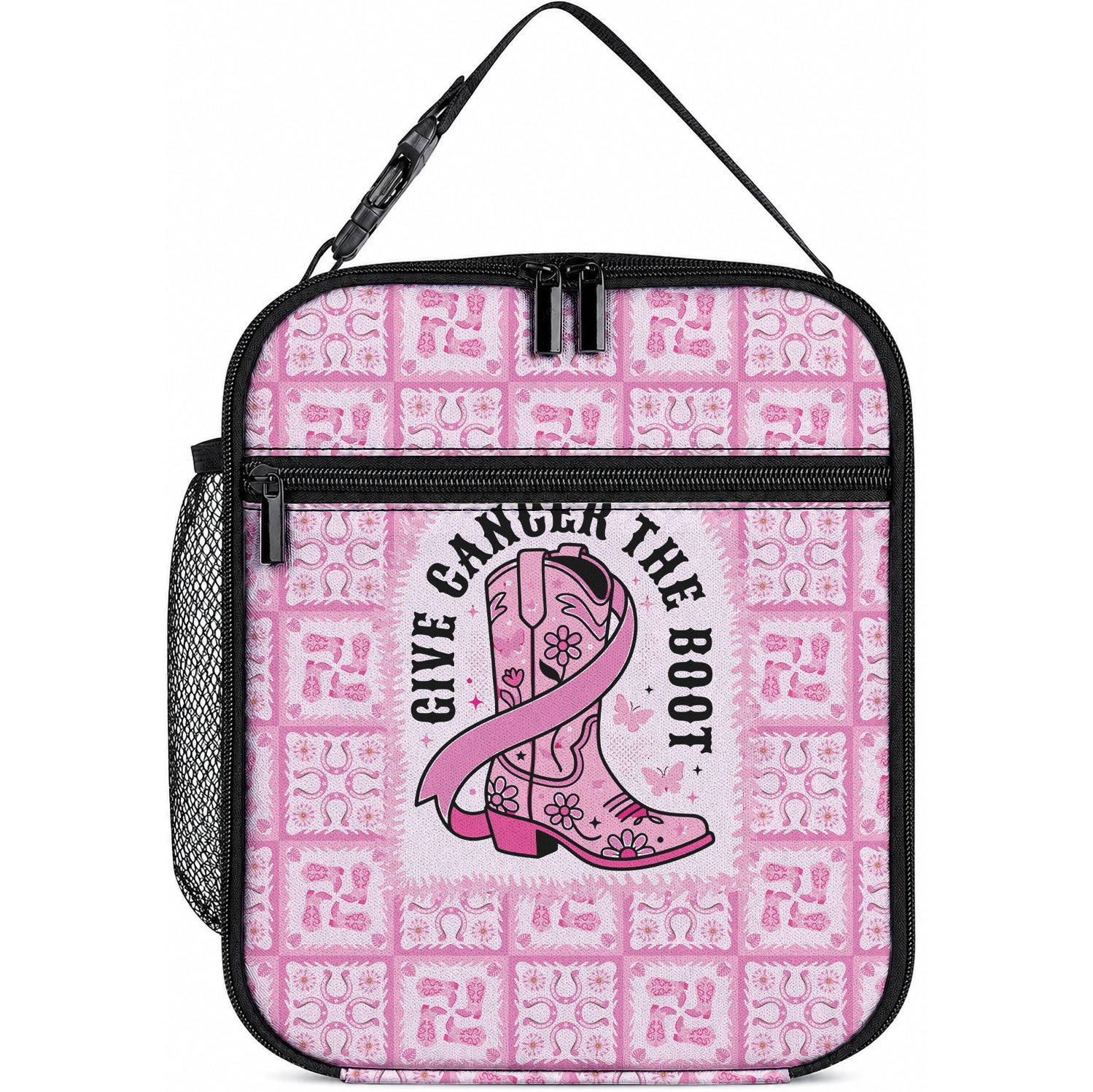 Give Cancer The Boot Pink Cowgirl Lunch Bag Hawaiian Paniolo Mixed Quilt Pattern Style