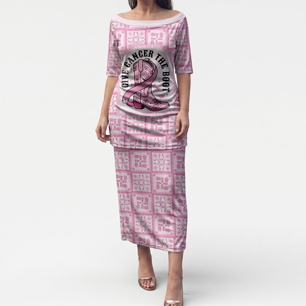Give Cancer The Boot Pink Cowgirl Puletasi Hawaiian Paniolo Mixed Quilt Pattern Style LT9 Long Dress Pink - Polynesian Pride