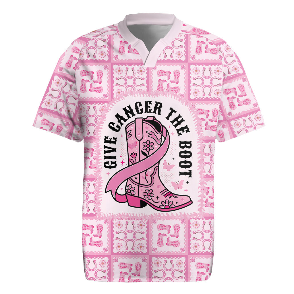 Give Cancer The Boot Pink Cowgirl Rugby Jersey Hawaiian Paniolo Mixed Quilt Pattern Style