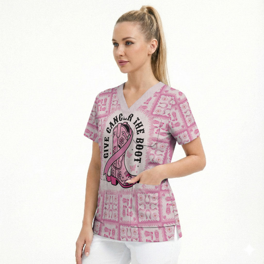 Give Cancer The Boot Pink Cowgirl Scrub Top Hawaiian Paniolo Mixed Quilt Pattern Style LT9 - Polynesian Pride