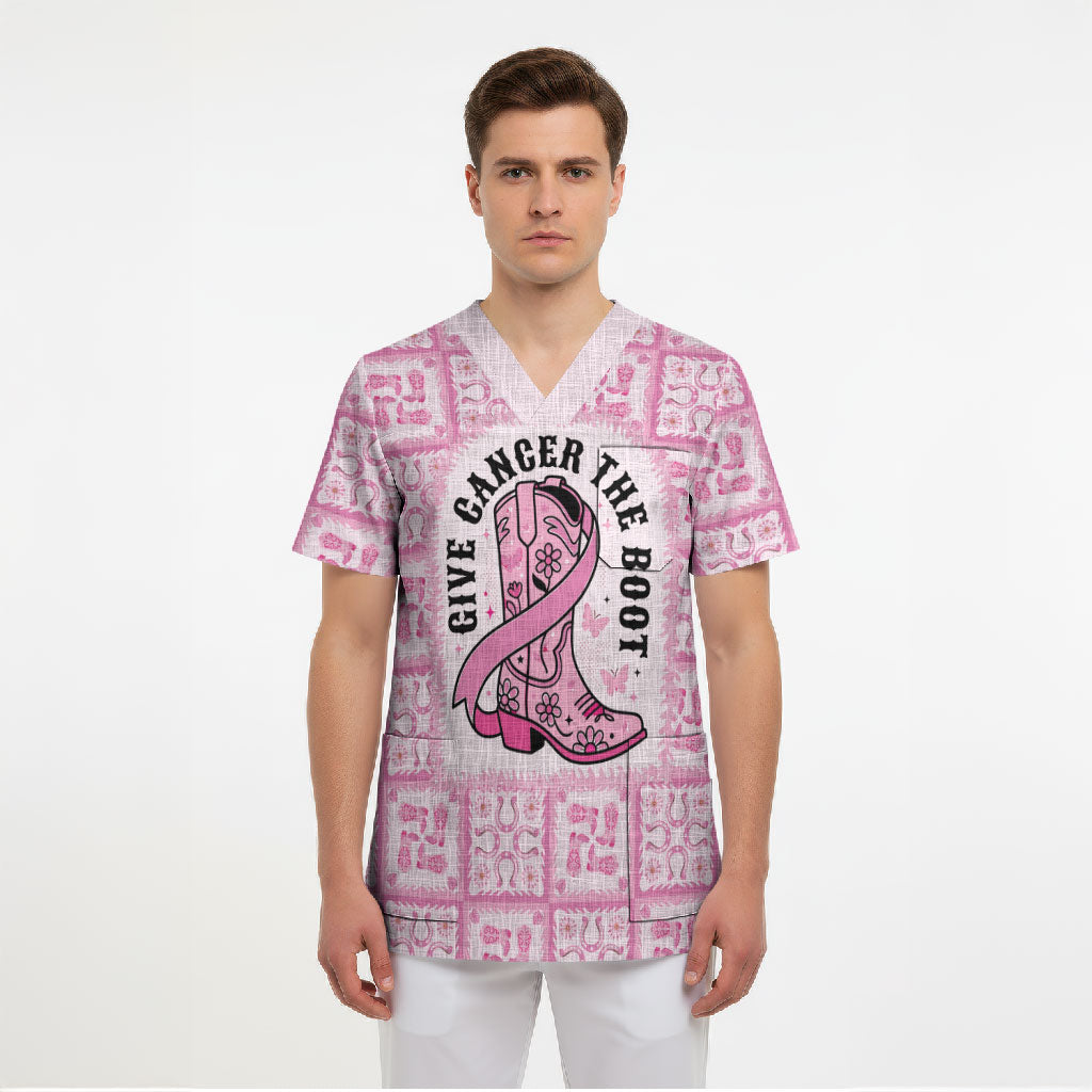 Give Cancer The Boot Pink Cowgirl Scrub Top Hawaiian Paniolo Mixed Quilt Pattern Style LT9 - Polynesian Pride