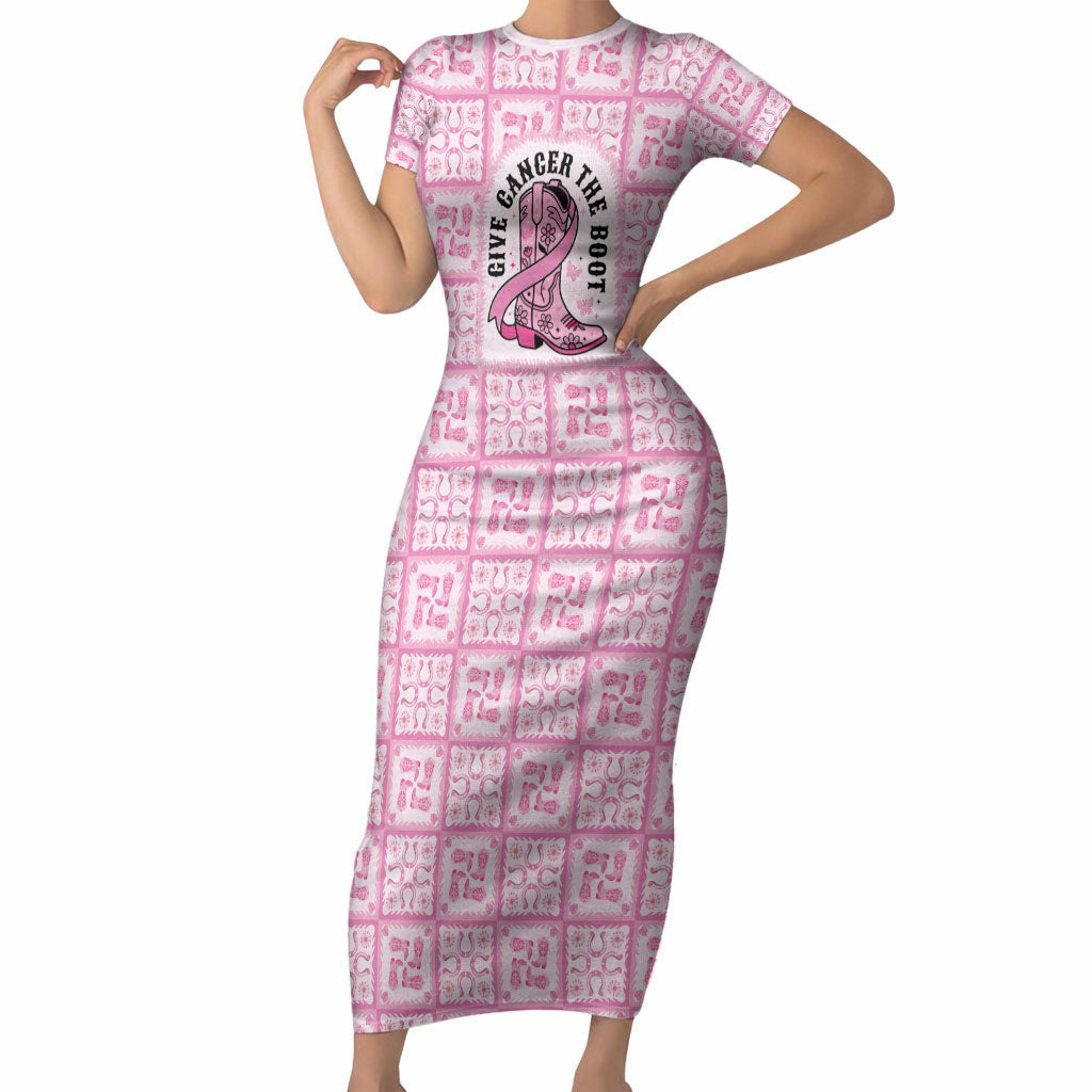 Give Cancer The Boot Pink Cowgirl Short Sleeve Bodycon Dress Hawaiian Paniolo Mixed Quilt Pattern Style LT9 Long Dress Pink - Polynesian Pride