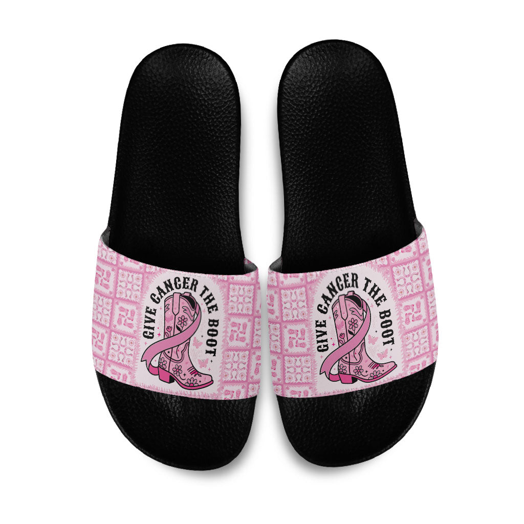 Give Cancer The Boot Pink Cowgirl Slide Sandals Hawaiian Paniolo Mixed Quilt Pattern Style LT9 Pink - Polynesian Pride