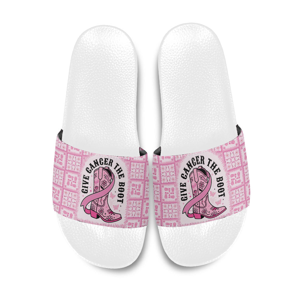 Give Cancer The Boot Pink Cowgirl Slide Sandals Hawaiian Paniolo Mixed Quilt Pattern Style LT9 Pink - Polynesian Pride
