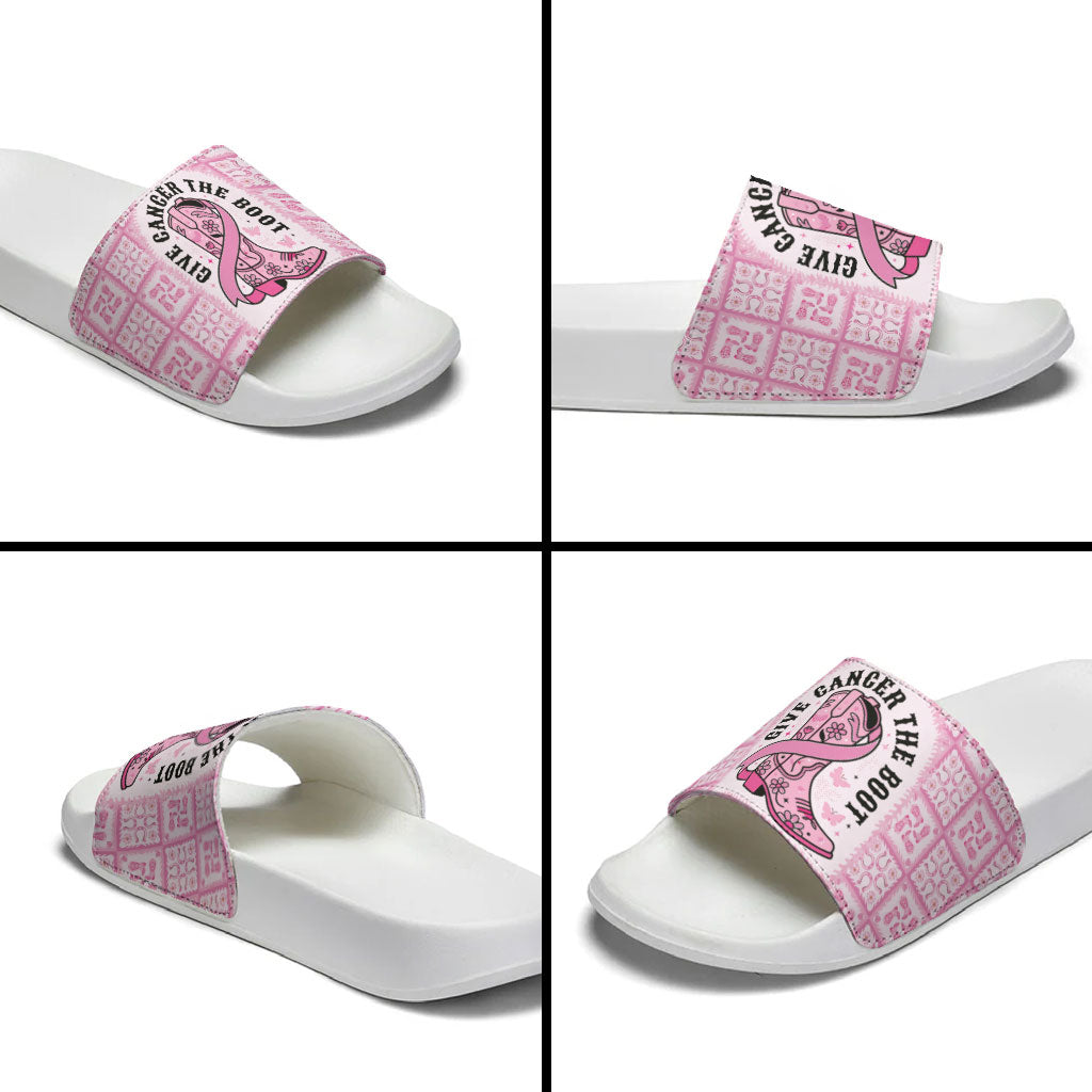 Give Cancer The Boot Pink Cowgirl Slide Sandals Hawaiian Paniolo Mixed Quilt Pattern Style LT9 - Polynesian Pride