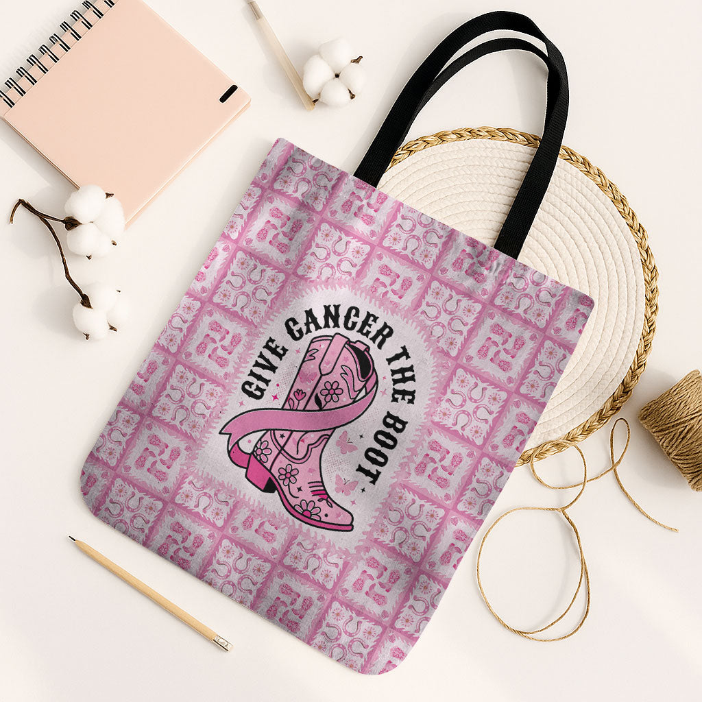 Give Cancer The Boot Pink Cowgirl Tote Bag Hawaiian Paniolo Mixed Quilt Pattern Style LT9 Black Strap One Size Pink - Polynesian Pride