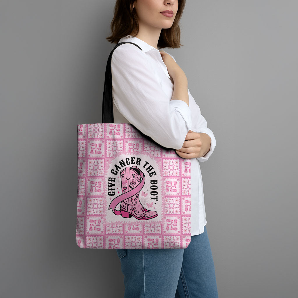 Give Cancer The Boot Pink Cowgirl Tote Bag Hawaiian Paniolo Mixed Quilt Pattern Style LT9 - Polynesian Pride
