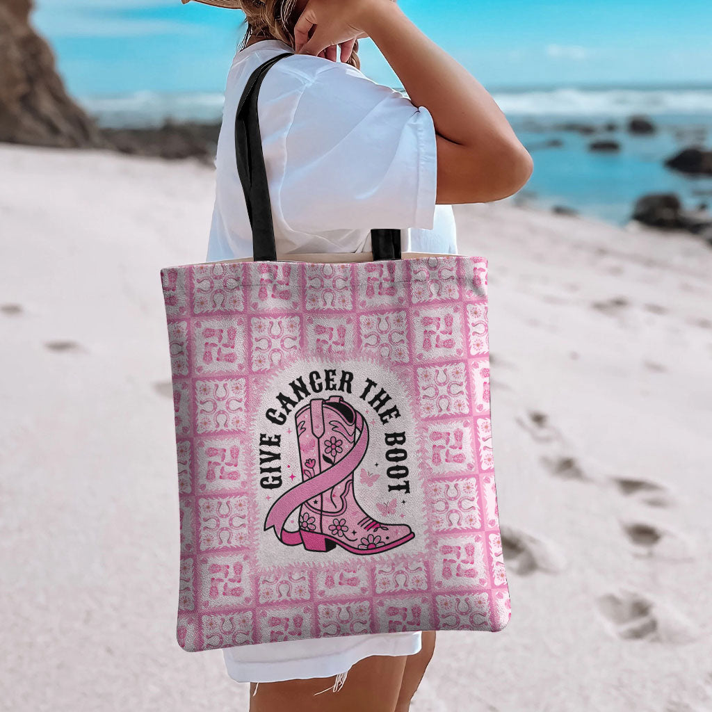 Give Cancer The Boot Pink Cowgirl Tote Bag Hawaiian Paniolo Mixed Quilt Pattern Style LT9 - Polynesian Pride