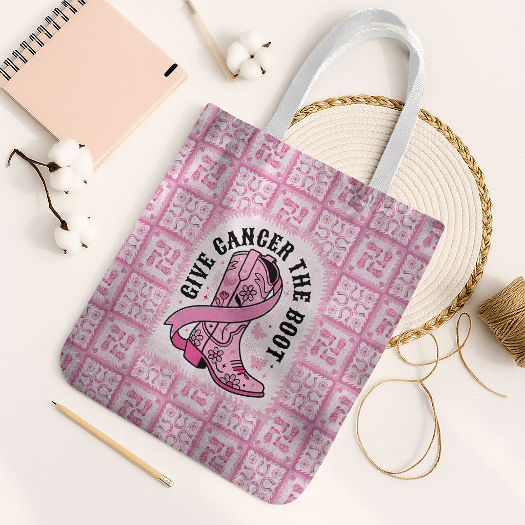 Give Cancer The Boot Pink Cowgirl Tote Bag Hawaiian Paniolo Mixed Quilt Pattern Style LT9 White Strap One Size Pink - Polynesian Pride