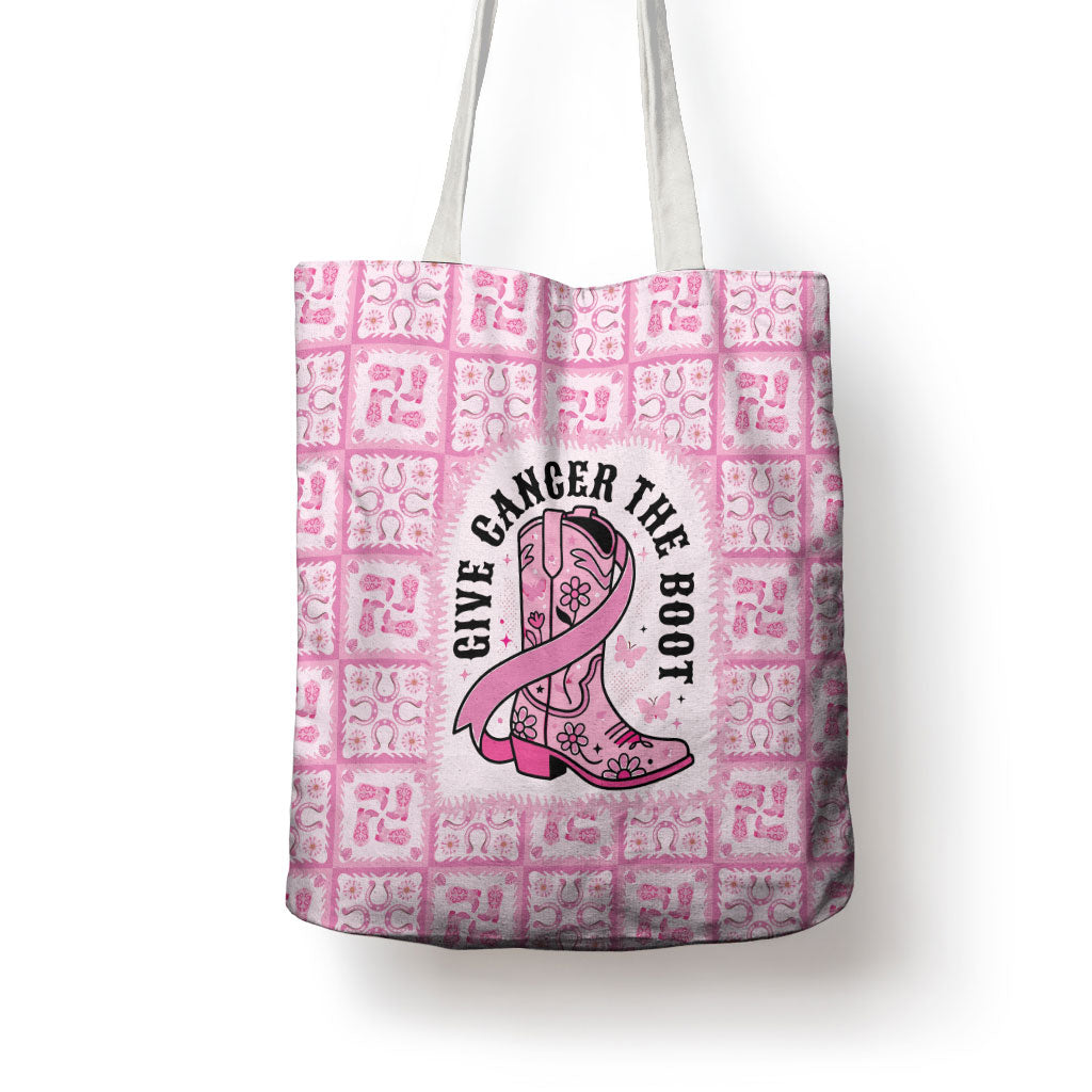 Give Cancer The Boot Pink Cowgirl Tote Bag Hawaiian Paniolo Mixed Quilt Pattern Style LT9 - Polynesian Pride