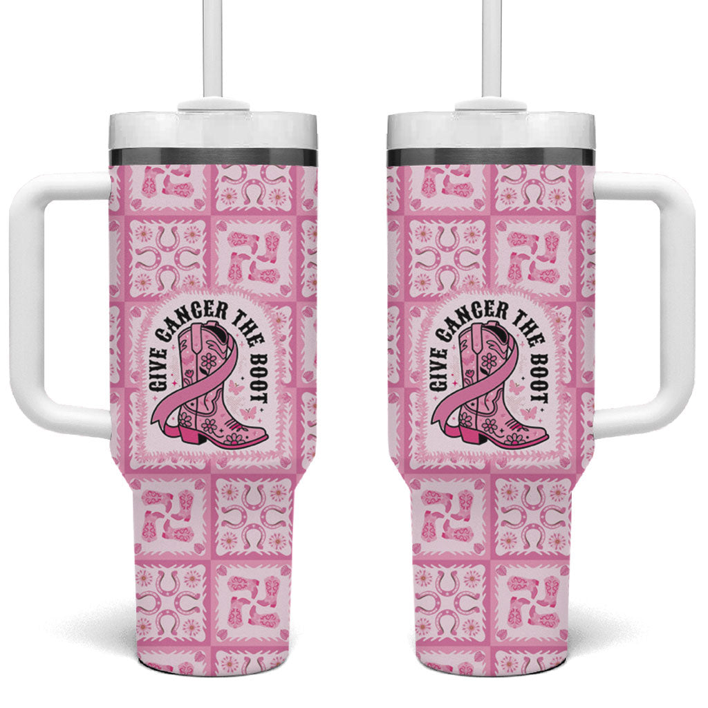 Give Cancer The Boot Pink Cowgirl Tumbler With Handle Hawaiian Paniolo Mixed Quilt Pattern Style LT9 One Size: 40 oz Pink - Polynesian Pride