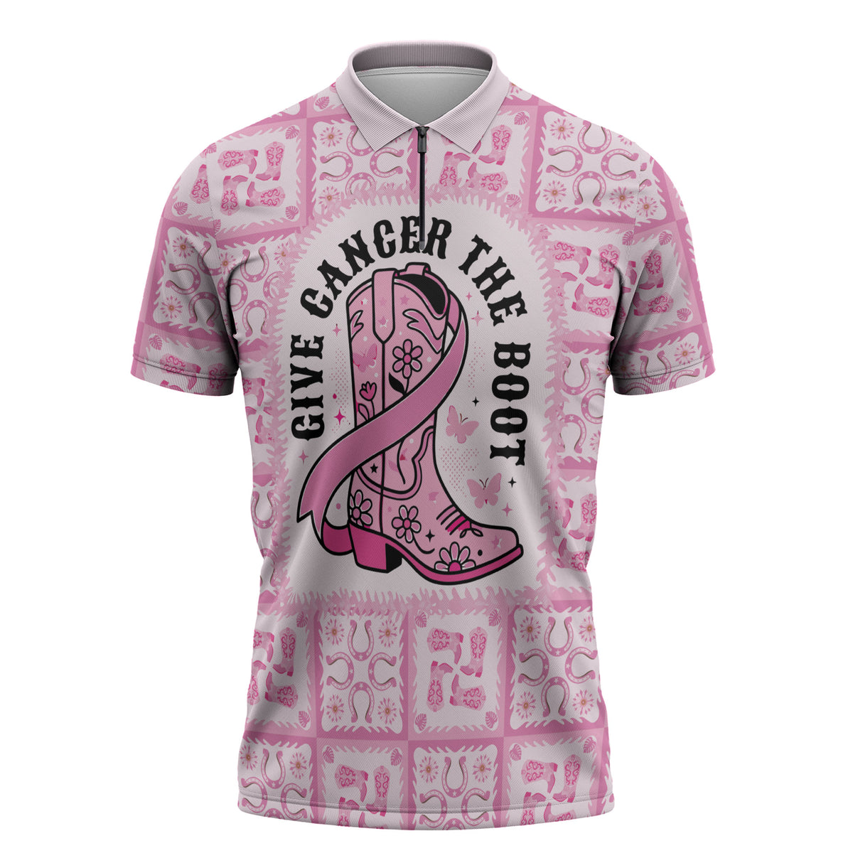 Give Cancer The Boot Pink Cowgirl Zipper Polo Shirt Hawaiian Paniolo Mixed Quilt Pattern Style LT9 Pink - Polynesian Pride