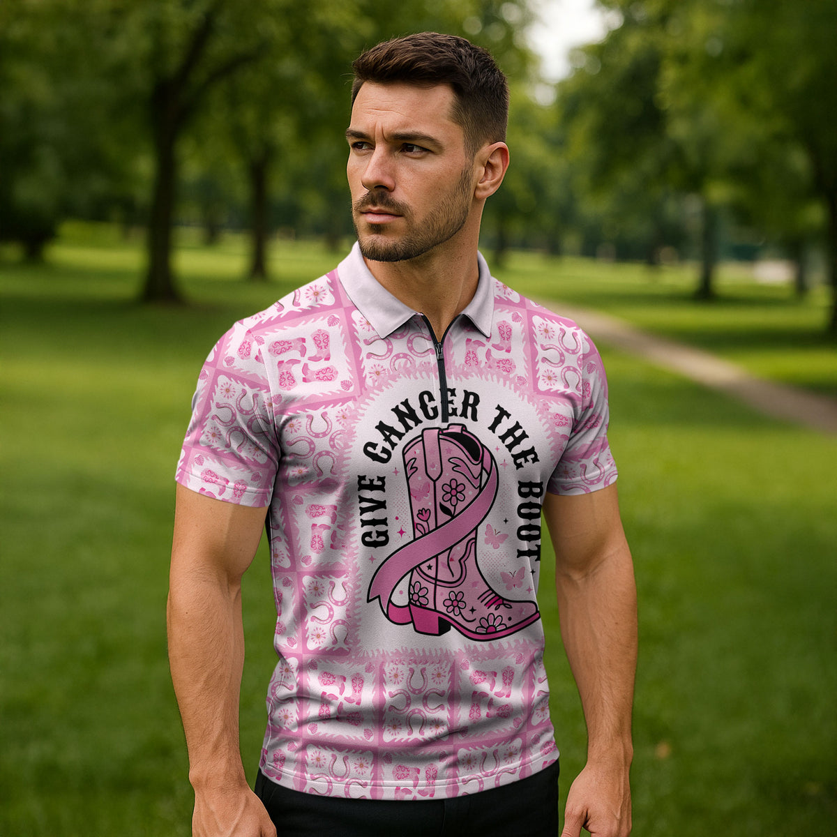 Give Cancer The Boot Pink Cowgirl Zipper Polo Shirt Hawaiian Paniolo Mixed Quilt Pattern Style LT9 - Polynesian Pride