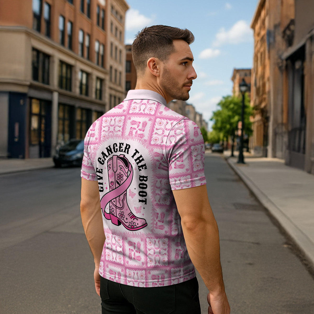 Give Cancer The Boot Pink Cowgirl Zipper Polo Shirt Hawaiian Paniolo Mixed Quilt Pattern Style LT9 - Polynesian Pride