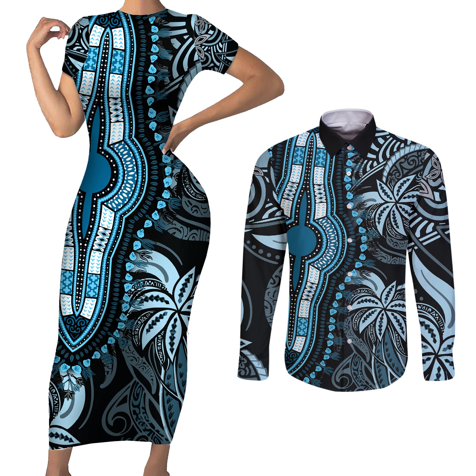 polynesia-dashiki-couples-matching-short-sleeve-bodycon-dress-and-long-sleeve-button-shirts-polynesia-and-africa-traditional-special-together-blue