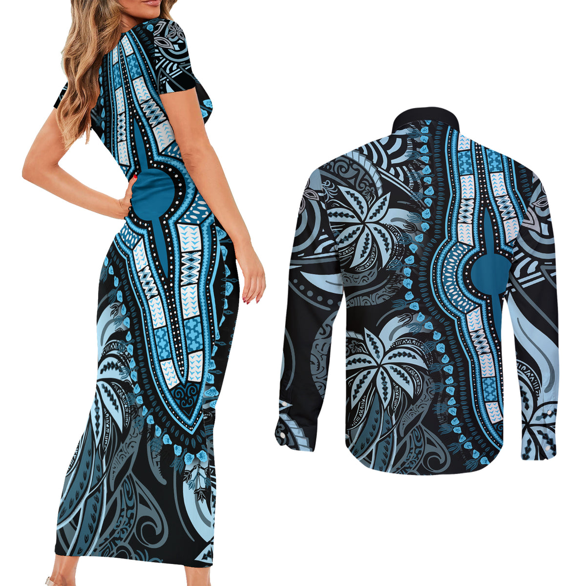 polynesia-dashiki-couples-matching-short-sleeve-bodycon-dress-and-long-sleeve-button-shirts-polynesia-and-africa-traditional-special-together-blue