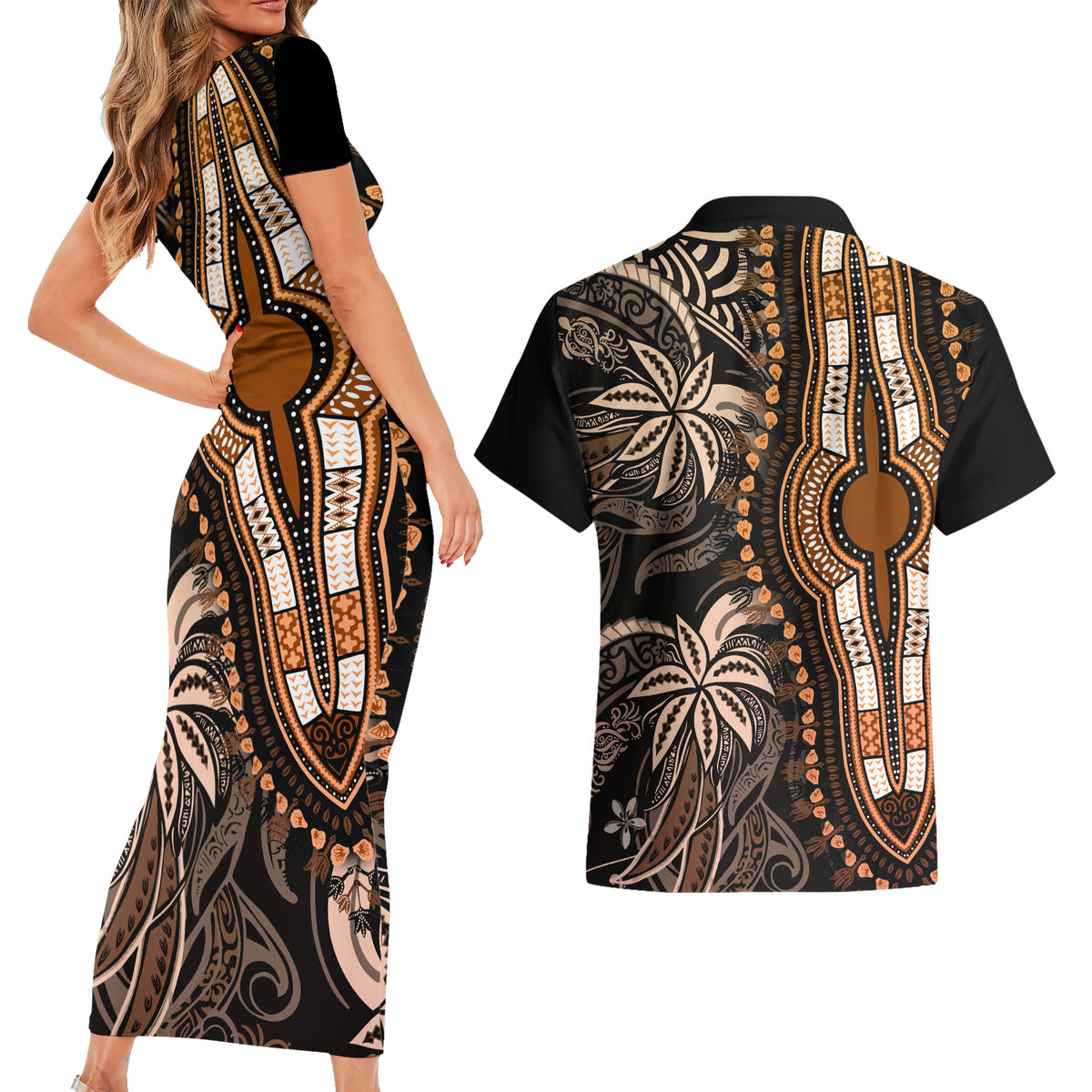 polynesia-dashiki-couples-matching-short-sleeve-bodycon-dress-and-hawaiian-shirt-polynesia-and-africa-traditional-special-together-gold