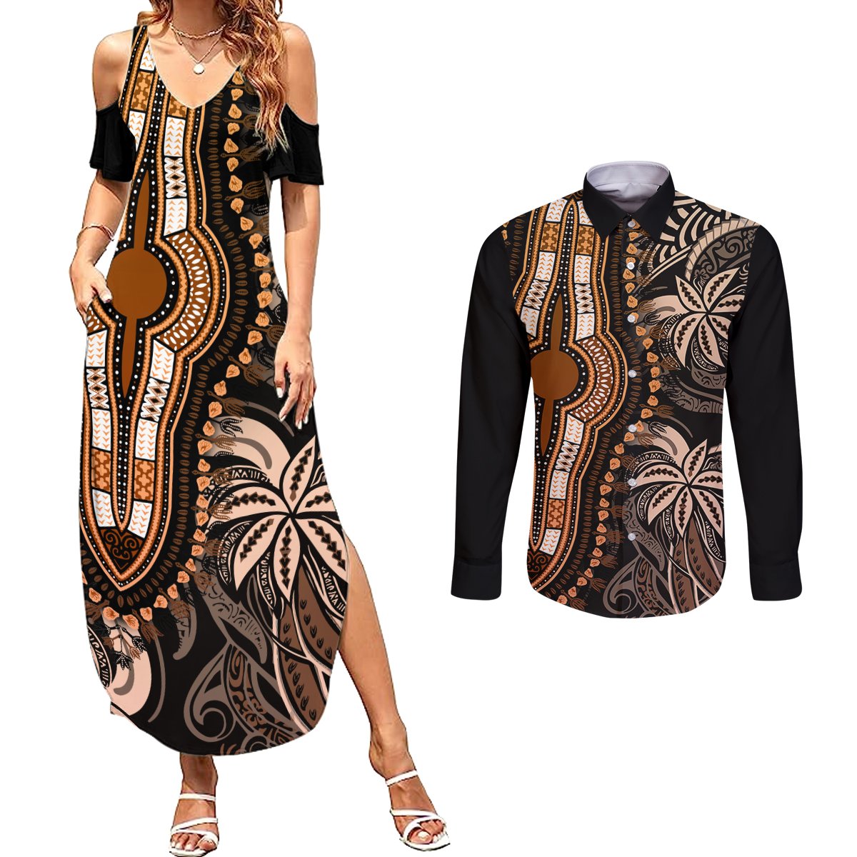 polynesia-dashiki-couples-matching-summer-maxi-dress-and-long-sleeve-button-shirts-polynesia-and-africa-traditional-special-together-gold