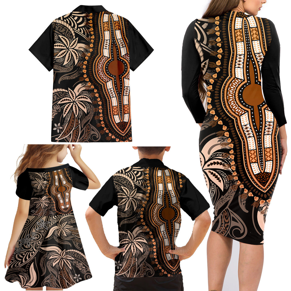 polynesia-dashiki-family-matching-long-sleeve-bodycon-dress-and-hawaiian-shirt-polynesia-and-africa-traditional-special-together-gold
