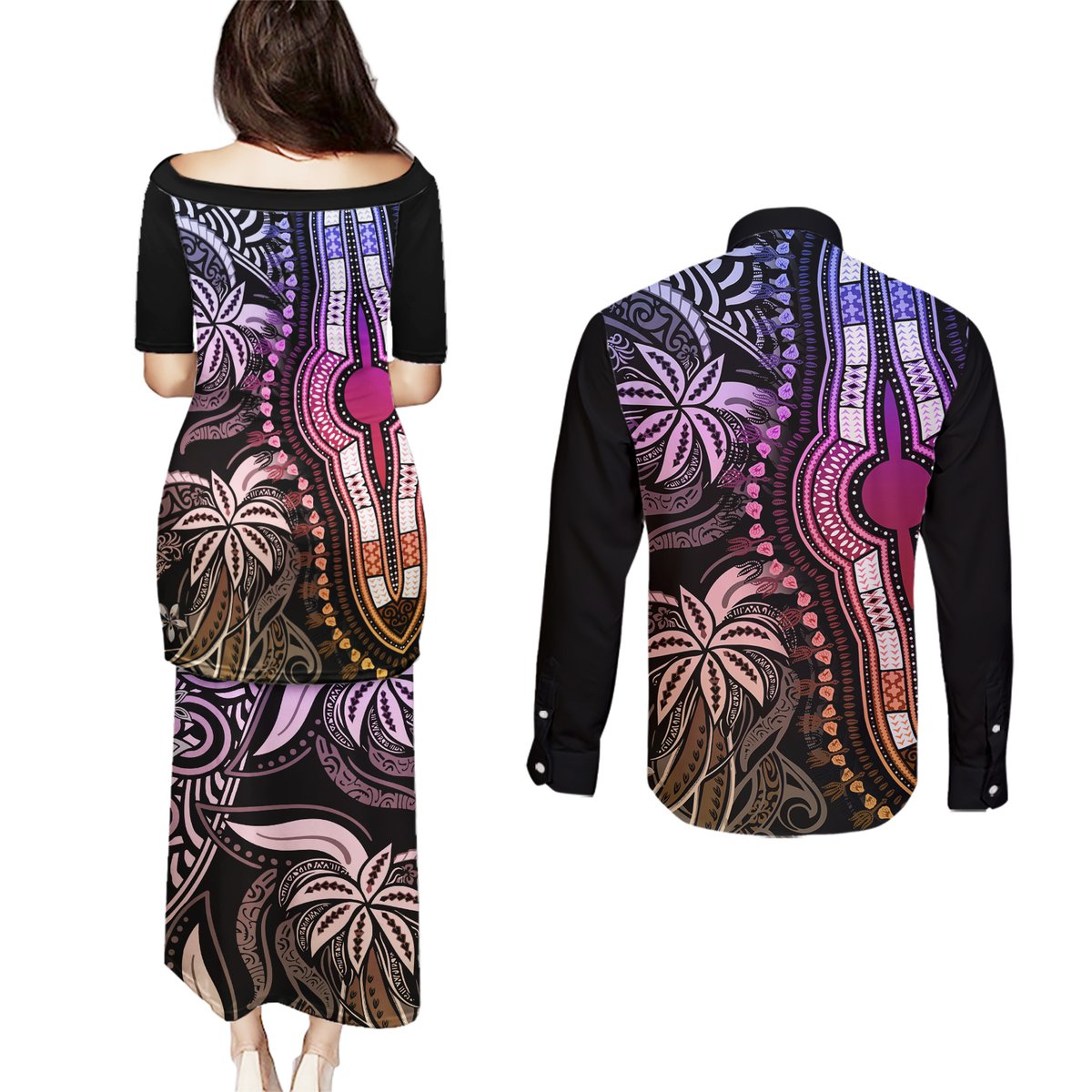 Polynesia Dashiki Couples Matching Puletasi Dress and Long Sleeve Button Shirts Polynesia and Africa Traditional Special Together Pastel LT9 - Polynesian Pride