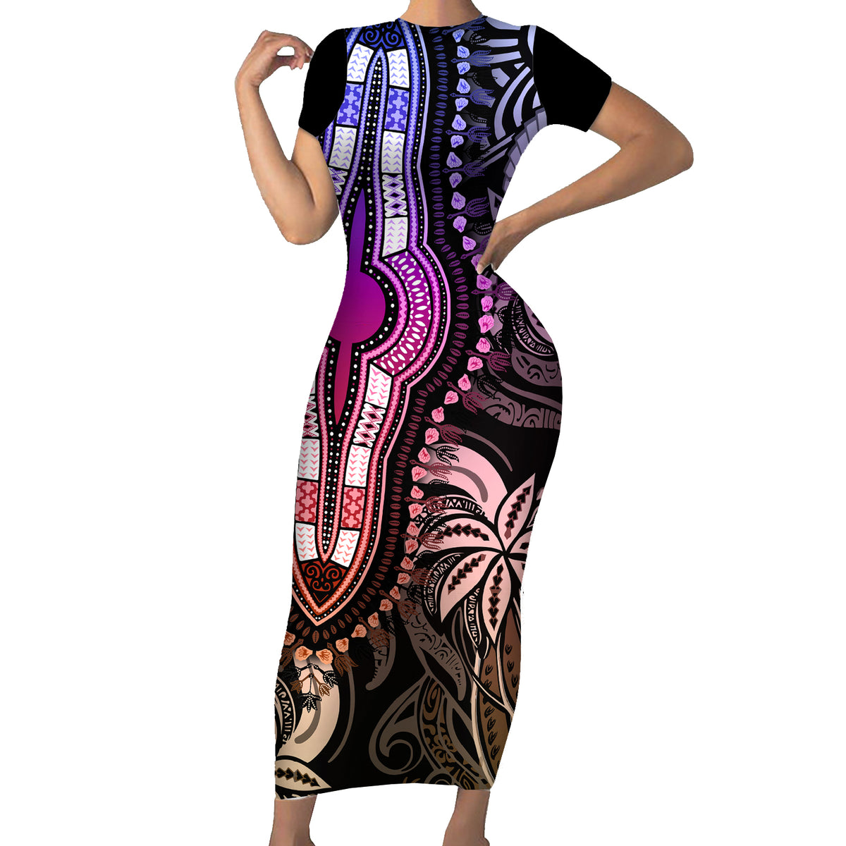 Polynesia Dashiki Short Sleeve Bodycon Dress Polynesia and Africa Traditional Special Together Pastel LT9 Long Dress Pastel - Polynesian Pride
