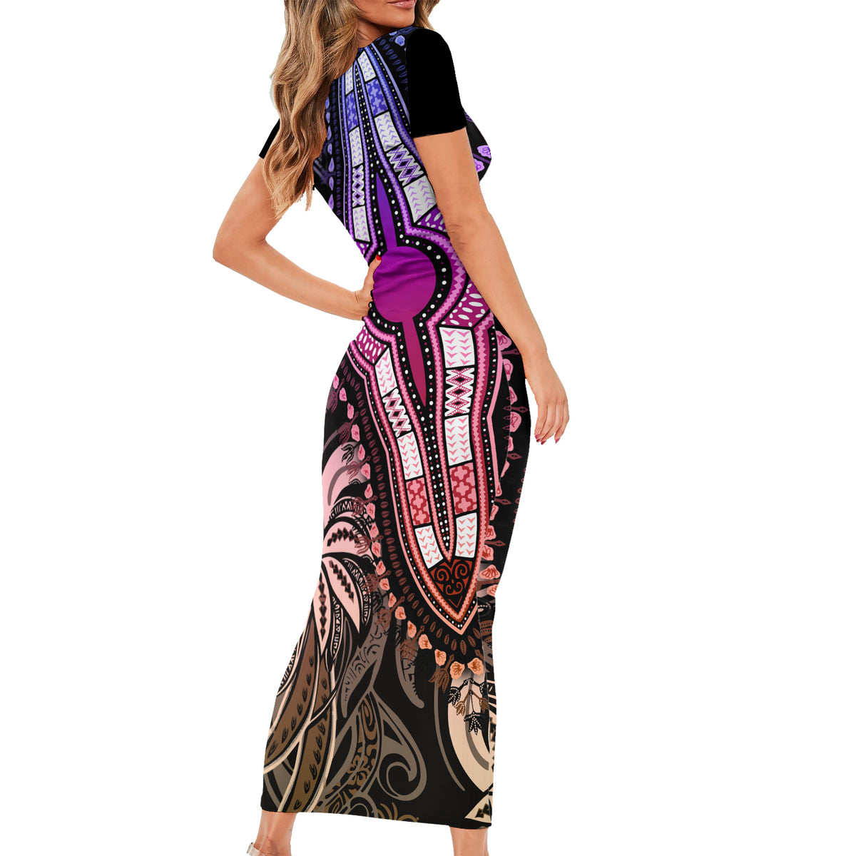 Polynesia Dashiki Short Sleeve Bodycon Dress Polynesia and Africa Traditional Special Together Pastel LT9 - Polynesian Pride